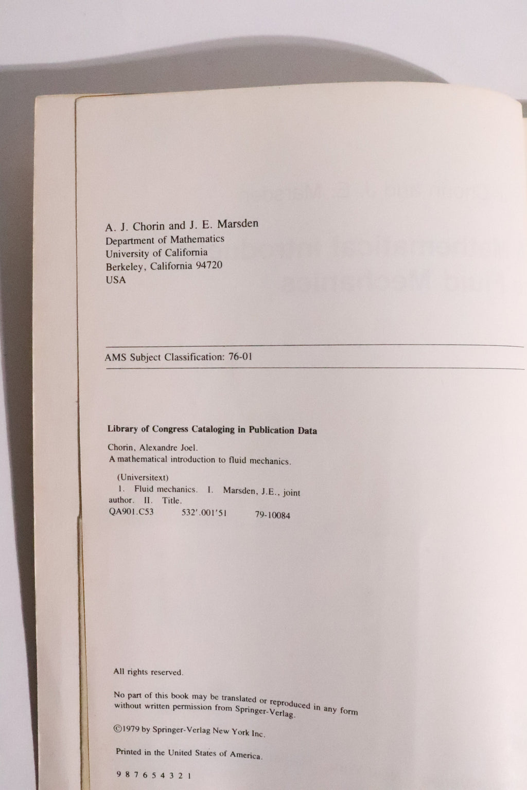 A Mathematical Introduction to Fluid Mechanics — Chorin & Marsden, First Edition, 1979