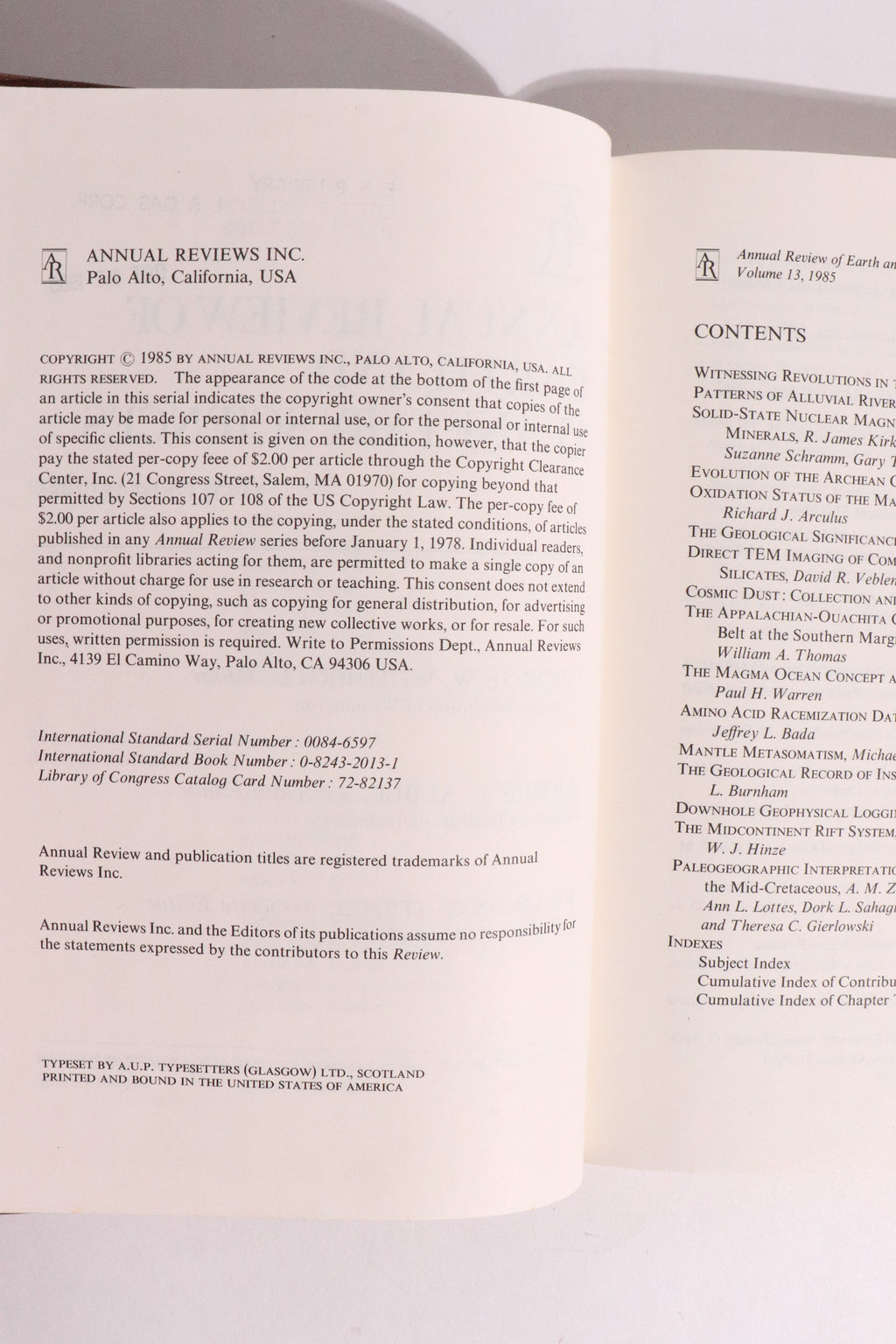 Annual Review of Earth and Planetary Sciences, Volume 13 (1985) — Cosmic Dust, Lunar Magma Ocean & Ancient Earth