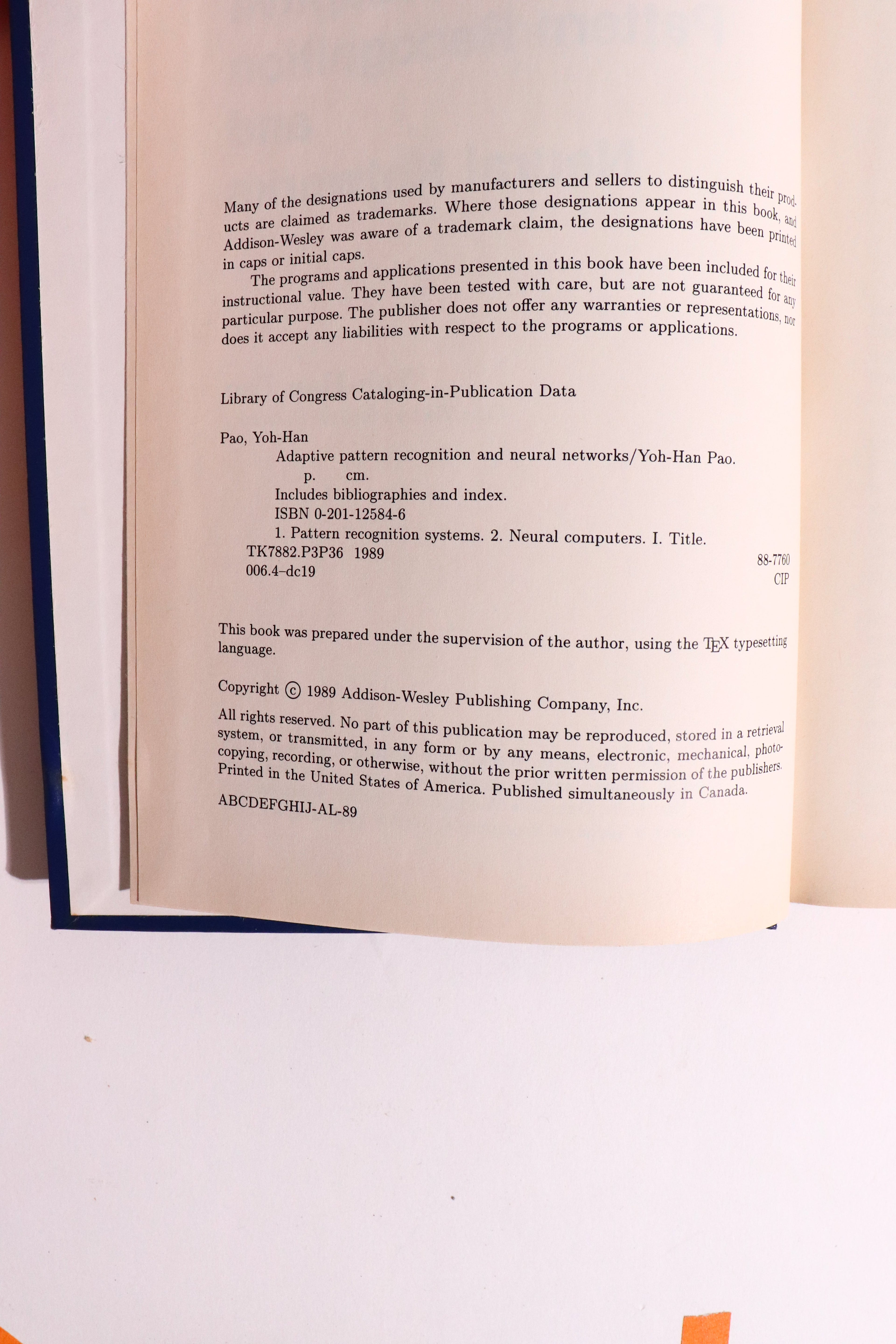 Adaptive Pattern Recognition and Neural Networks — Yoh-Han Pao, 1989 First Edition | Vintage Artificial Intelligence / Machine Learning