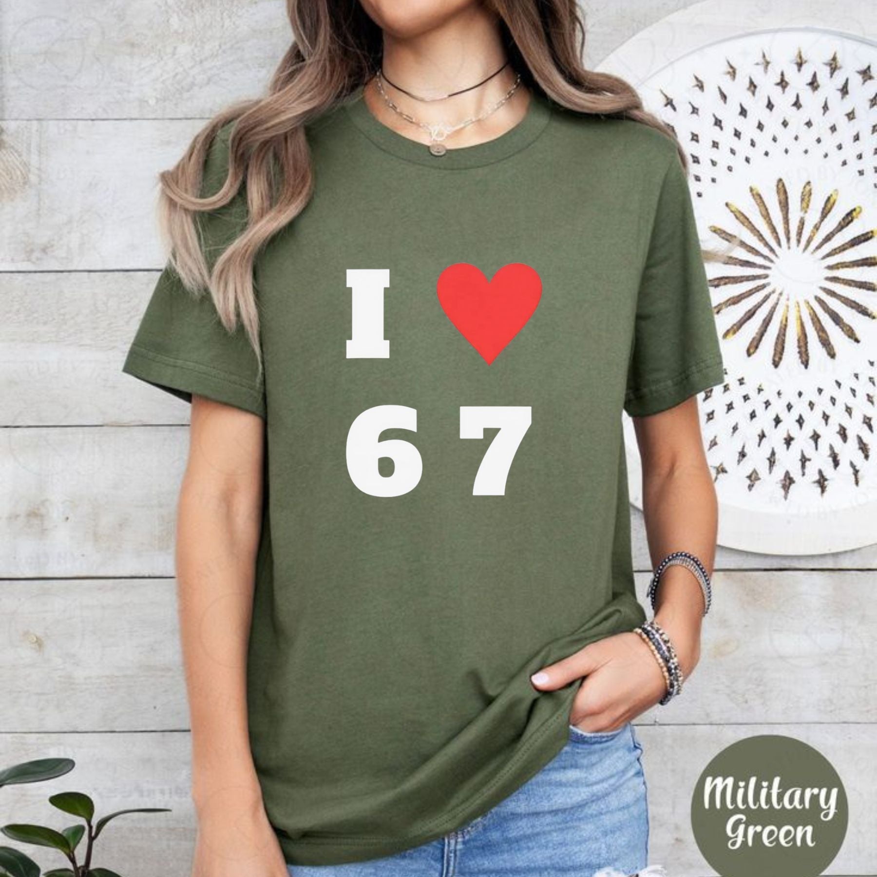 "I Love 6 7" Crewneck T-shirt - Funny Graphic Tee, Stylish Casual White Shirt