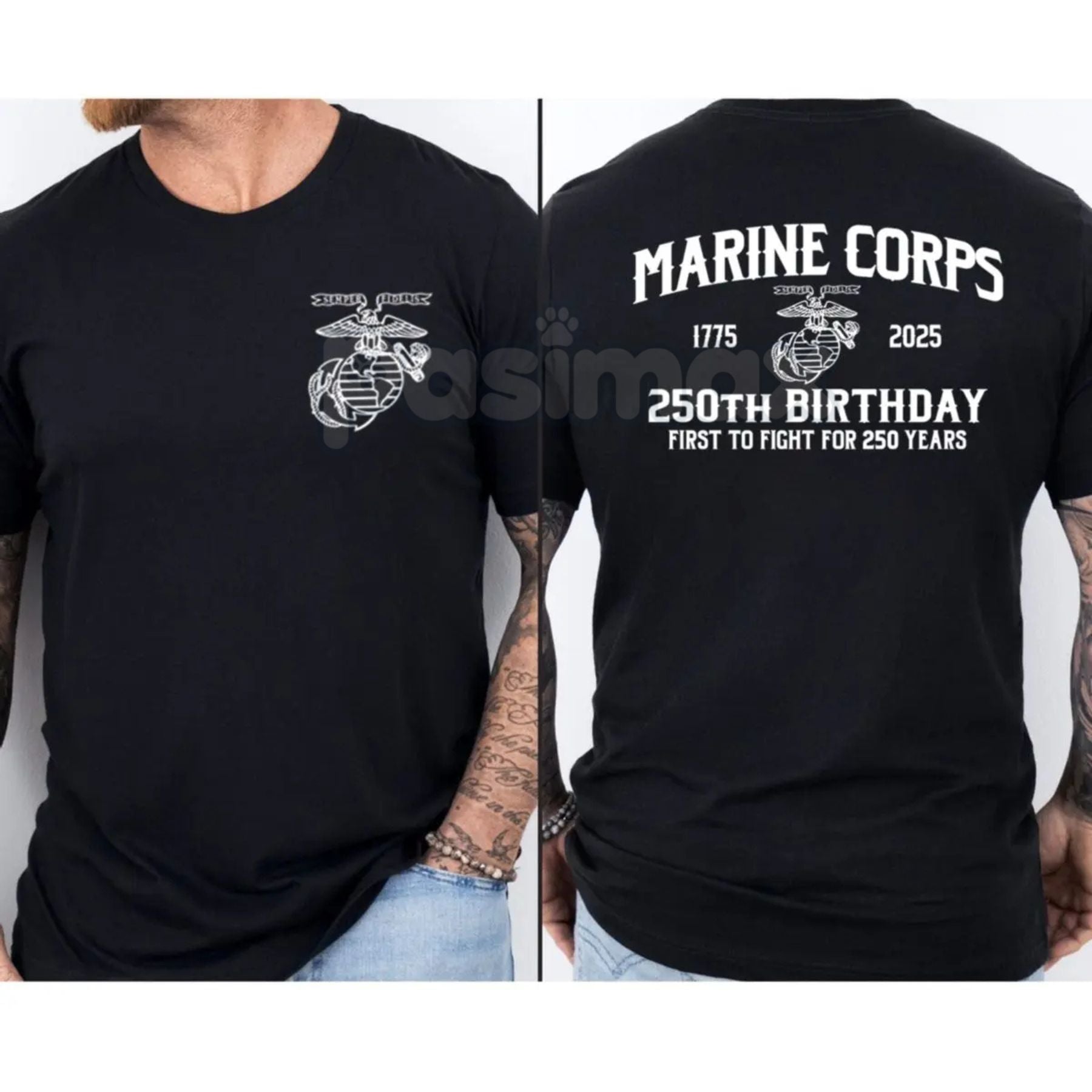 Marines 250th Birthday T-Shirt - First To Fight Anniversary Tee, USMC Two-Sided Graphic Shirt, Commemorative Veteran Gift