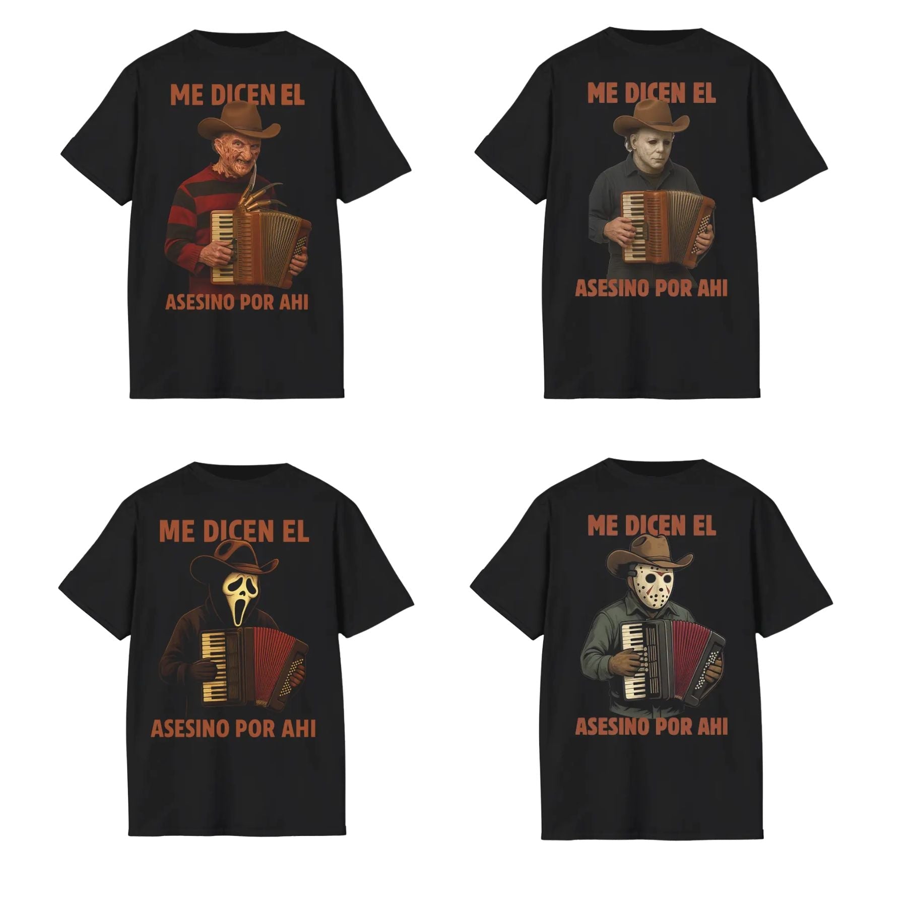 "Me Dicen El Asesino Por Ahi" T-Shirt - Funny Horror Movie Villains Accordion Tee, Jason, Freddy, Ghostface, Michael Myers