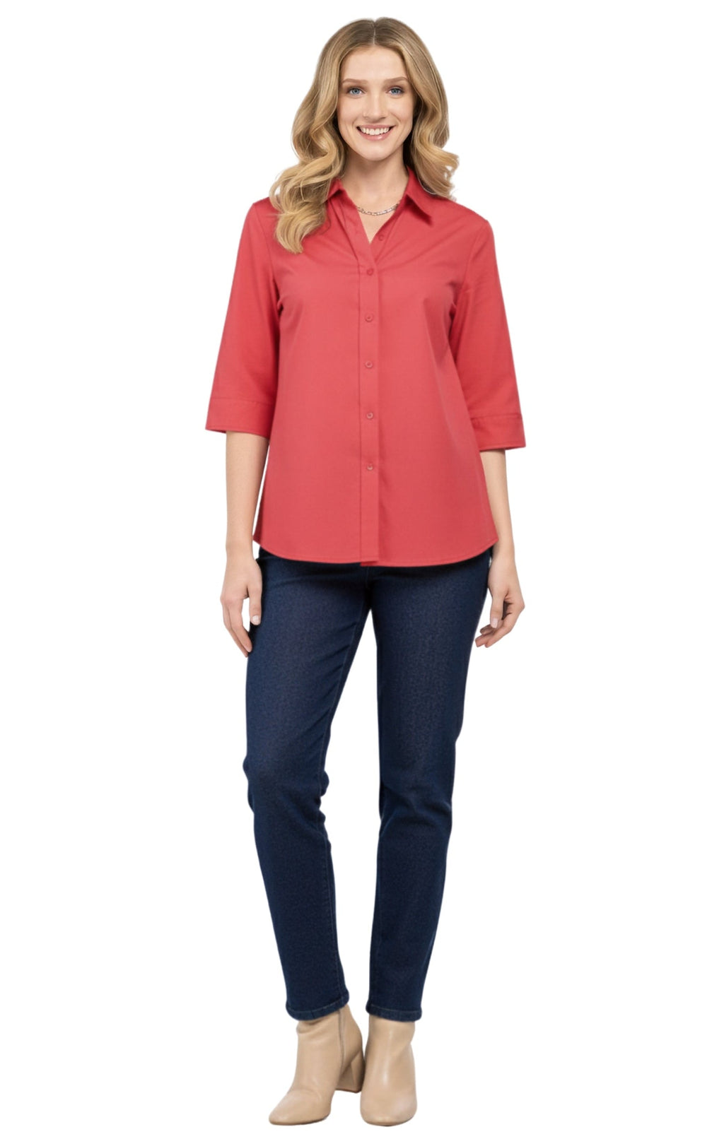 Womens Regular Fit 3/4 Sleeve Button Down Collared Camp Shirt