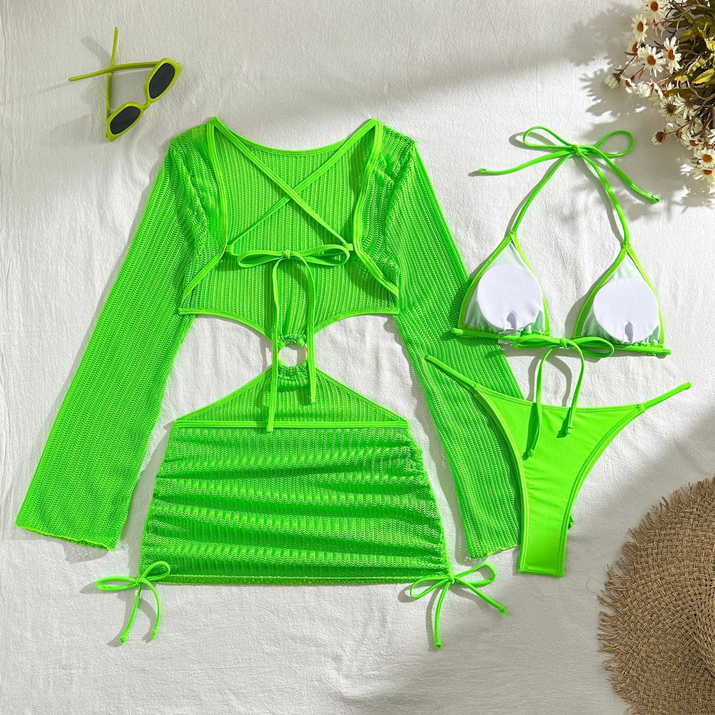Mesh Sheer Long Sleeve Cover-Up Micro Bikini Female Swimsuit Women Swimwear Three-pieces Bikini Set Bathing Suit Swim Beach Wear