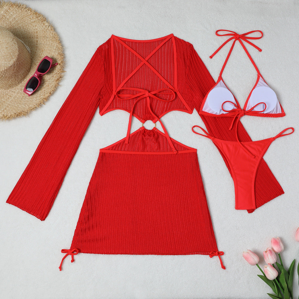 Mesh Sheer Long Sleeve Cover-Up Micro Bikini Female Swimsuit Women Swimwear Three-pieces Bikini Set Bathing Suit Swim Beach Wear