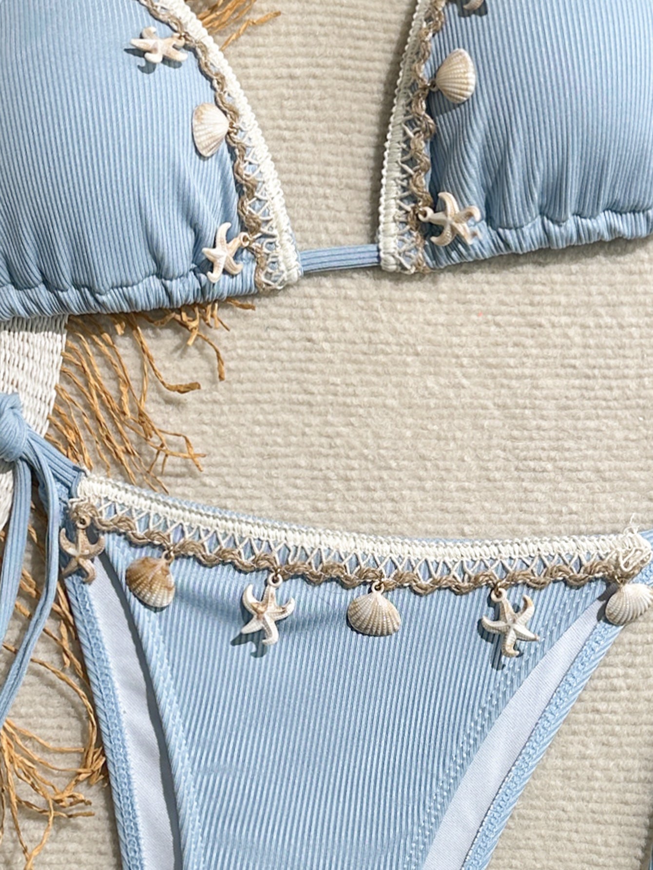 Shell Decoration Ribbed Bikini Women Swimwear Female Swimsuit Two-pieces Bikini Set Halter Strappy Bather Bathing Suit Swim Lady