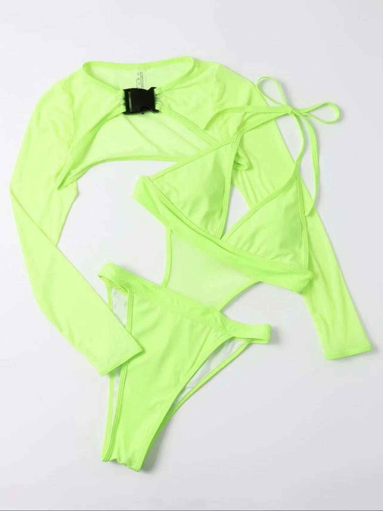 Neon Long Sleeve High Cut Out Women Swimwear One Piece Swimsuit Female Mesh Monokini Bather Bathing Suit Swim Lady Beachwear