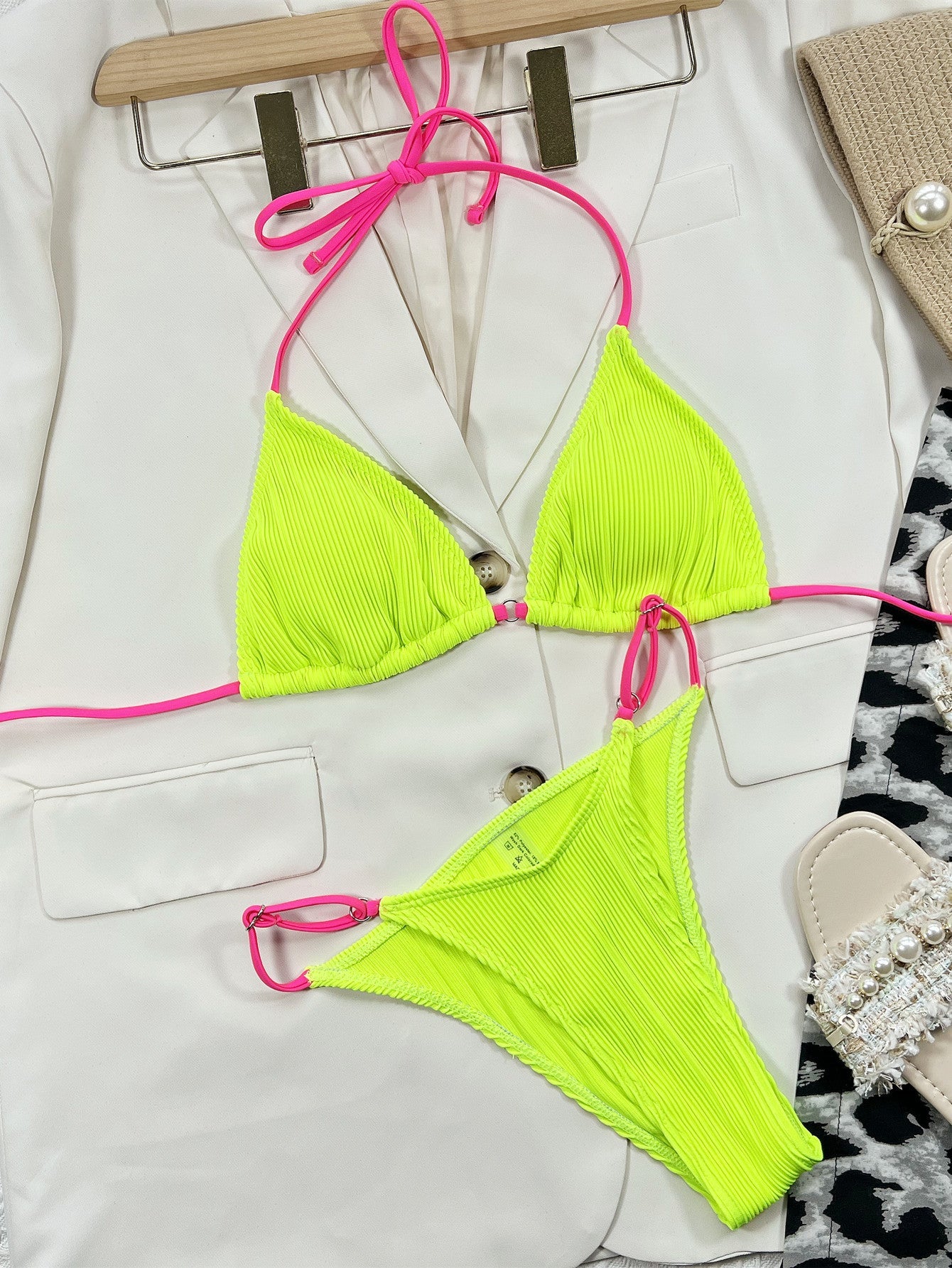 Neon Halter Ribbed Bikini Female Swimsuit Women Swimwear Two-pieces Bikini Set Padded Bather Bathing Suit Swim Lady Beachwear