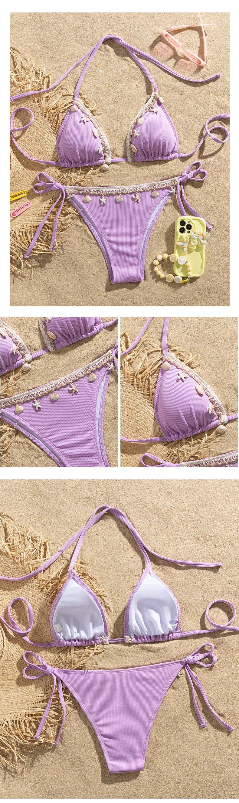 Shell Decoration Ribbed Bikini Women Swimwear Female Swimsuit Two-pieces Bikini Set Halter Strappy Bather Bathing Suit Swim Lady