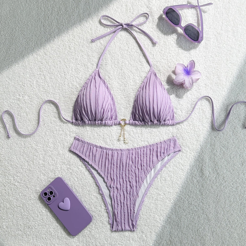 Wrinkled Halter Bikini Women Swimwear Female Swimsuit Two-pieces Bikini Set Brazilian Bather High Cut Bathing Suit Swim Lady