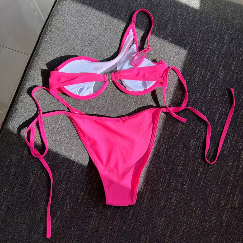 One Shoulder Mesh Bikinis Underwired V-Bar Bikini Women Swimwear Female Swimsuit Two-pieces Bikini Set Push Up Bathing Suit Swim