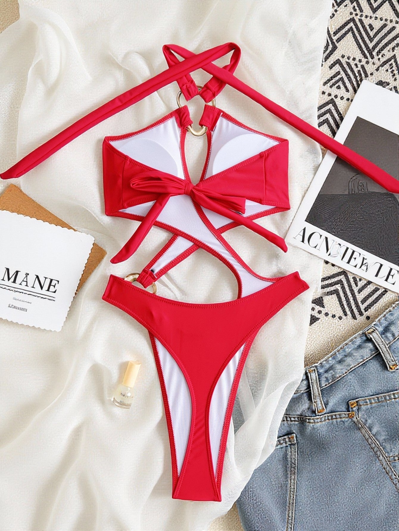 Sexy Tummy Cut Out Halter Women Thong Swimwear One Piece Swimsuit Female High Cut Monokini Rings Bathing Suit Swim Beach Wear