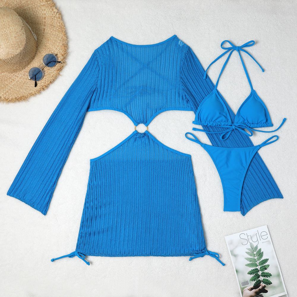 Mesh Sheer Long Sleeve Cover-Up Micro Bikini Female Swimsuit Women Swimwear Three-pieces Bikini Set Bathing Suit Swim Beach Wear