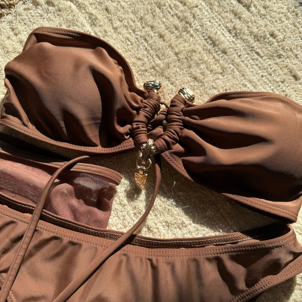 With Mesh Skirt Bandeau Bikini Women Swimwear Female Swimsuit Three-pieces Bikini Set Metal Ring Bathing Suit Swim Beachwear