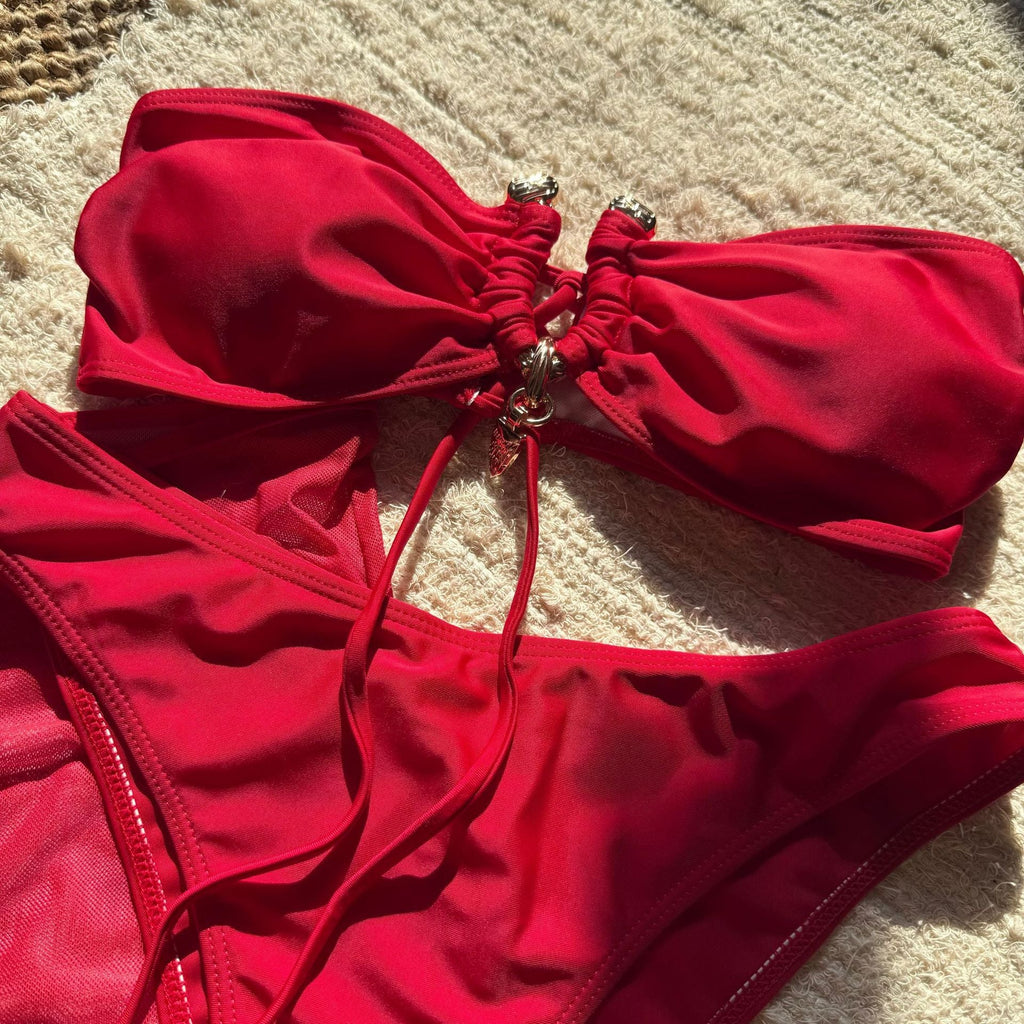 With Mesh Skirt Bandeau Bikini Women Swimwear Female Swimsuit Three-pieces Bikini Set Metal Ring Bathing Suit Swim Beachwear