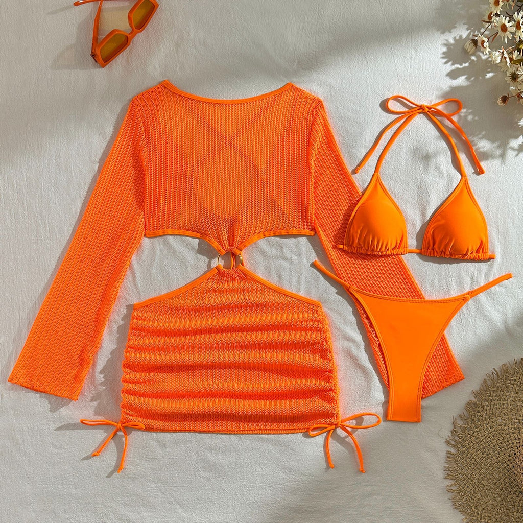 Mesh Sheer Long Sleeve Cover-Up Micro Bikini Female Swimsuit Women Swimwear Three-pieces Bikini Set Bathing Suit Swim Beach Wear