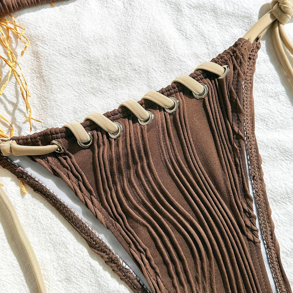2025 Halter Wrinkled Weaved Bikini Women Swimwear Female Swimsuit Two Pieces Bikini Set Brazilian Bathing Suit Swim Beach Wear
