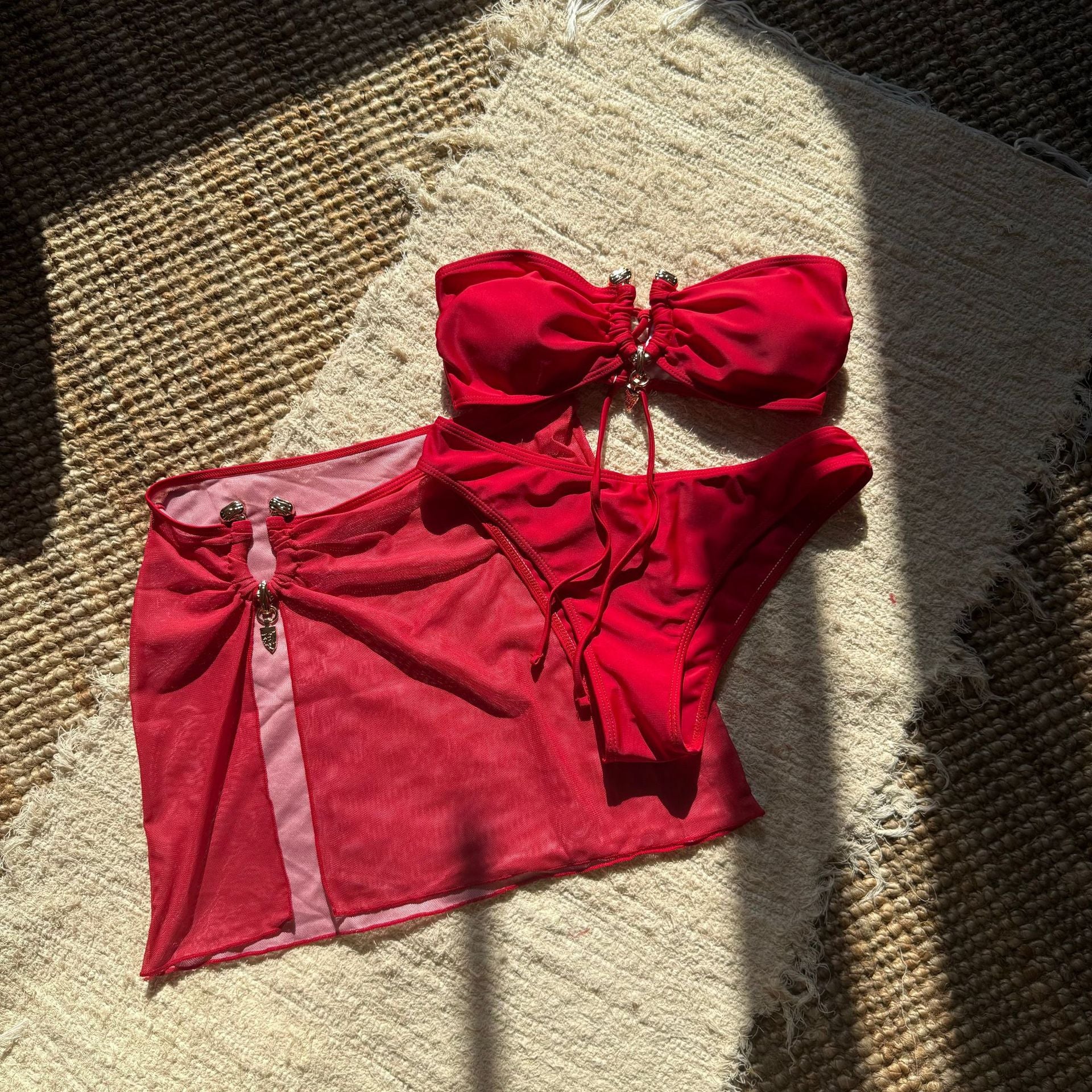 With Mesh Skirt Bandeau Bikini Women Swimwear Female Swimsuit Three-pieces Bikini Set Metal Ring Bathing Suit Swim Beachwear