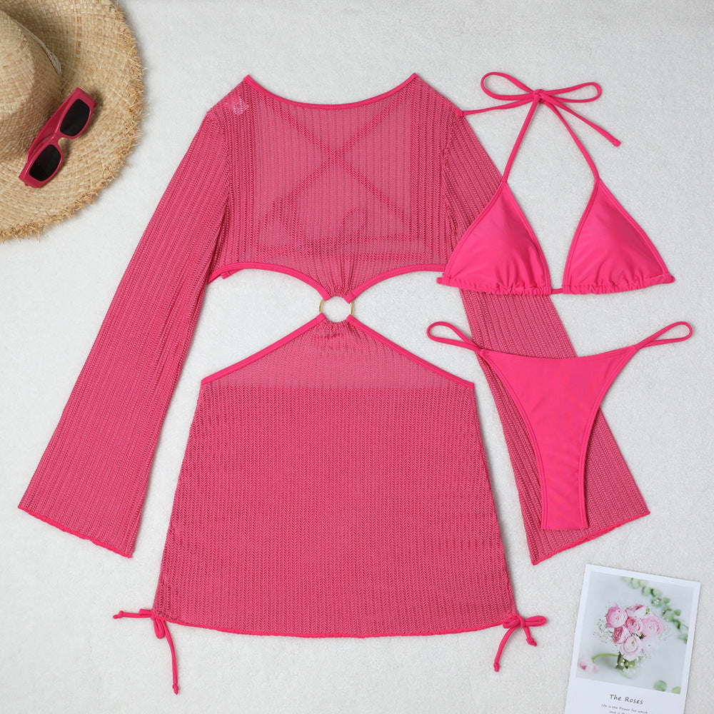 Mesh Sheer Long Sleeve Cover-Up Micro Bikini Female Swimsuit Women Swimwear Three-pieces Bikini Set Bathing Suit Swim Beach Wear
