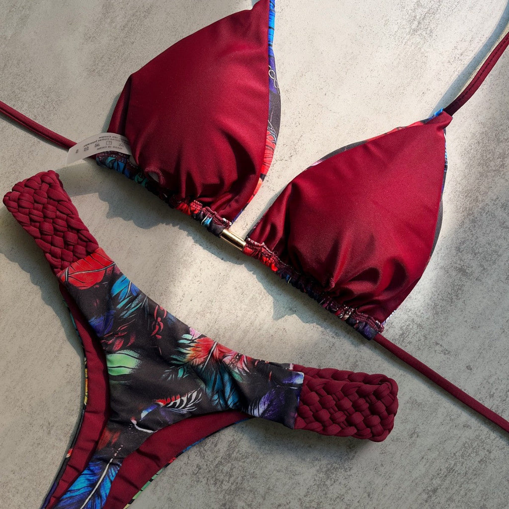 Printed Halter Braided Rope Mini Thong Bikini Female Swimsuit Women Swimwear Two-pieces Bikini Set High Cut Bather Bathing Suit