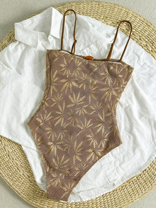 Leaves Printed Mesh Hollow Out Women Swimwear One Piece Swimsuit Female Monokini High Leg Cut Bather Slim Bathing Suit Swim Lady