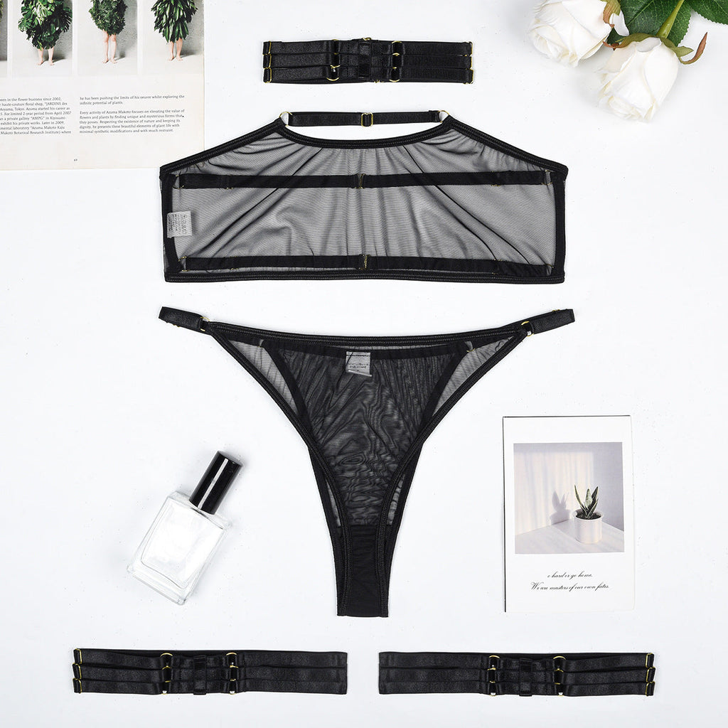Toucheart 4 Piece Set Sexy Lingerie Set Elasticity Mesh Patchwork See-Through Breast-Wrapping Three-Point Briefs Sexy Underwear