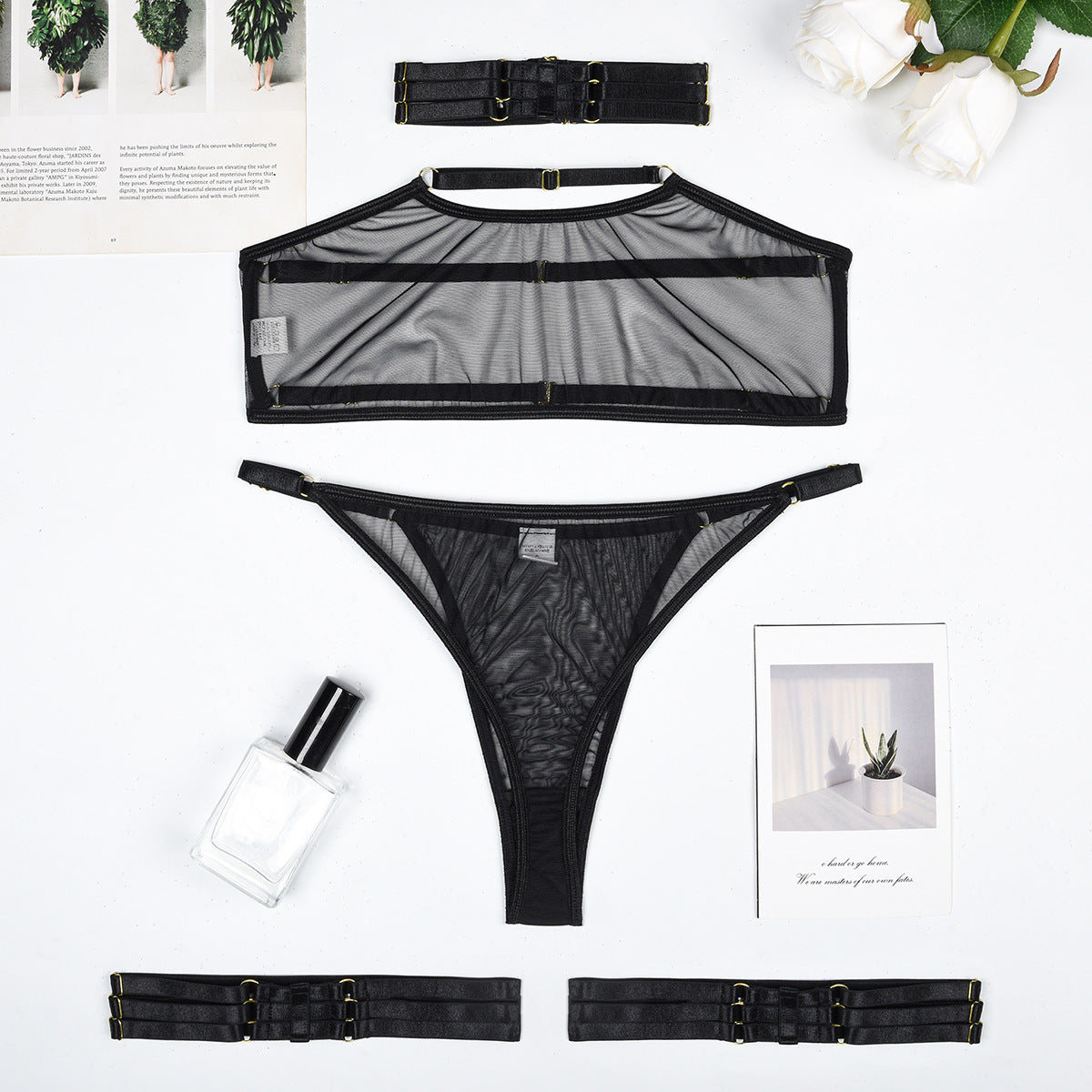 Toucheart 4 Piece Set Sexy Lingerie Set Elasticity Mesh Patchwork See-Through Breast-Wrapping Three-Point Briefs Sexy Underwear