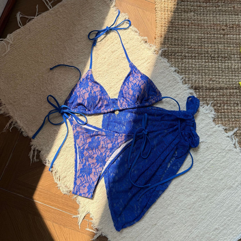 with Mesh Sarong Lace Halter High Cut Bikini Female Swimsuit Women Swimwear Three-pieces Bikini Set Bathing Suit Swim Beachwear