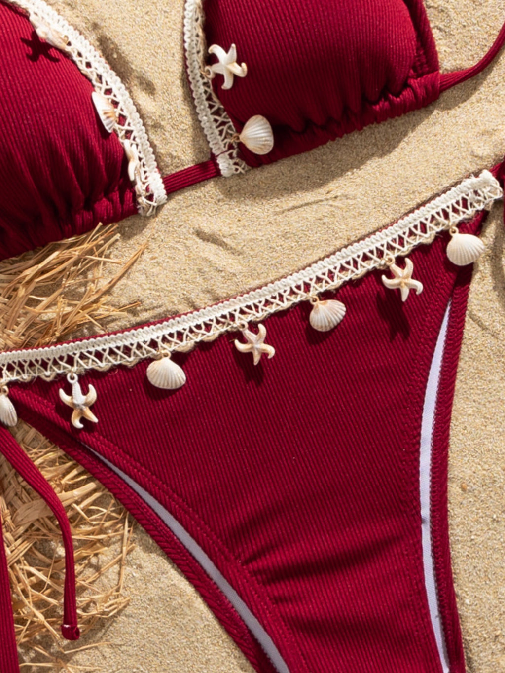 Shell Decoration Ribbed Bikini Women Swimwear Female Swimsuit Two-pieces Bikini Set Halter Strappy Bather Bathing Suit Swim Lady