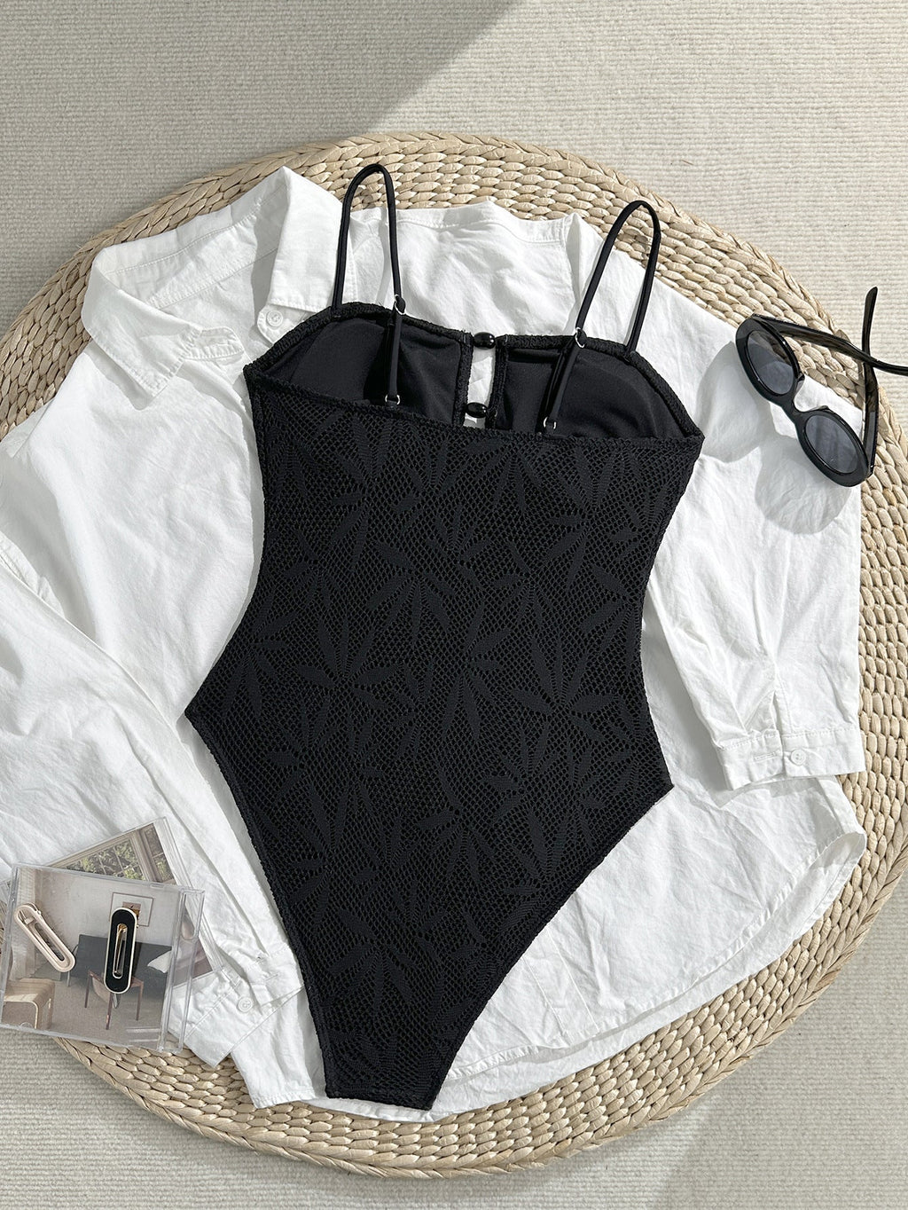 Leaves Printed Mesh Hollow Out Women Swimwear One Piece Swimsuit Female Monokini High Leg Cut Bather Slim Bathing Suit Swim Lady