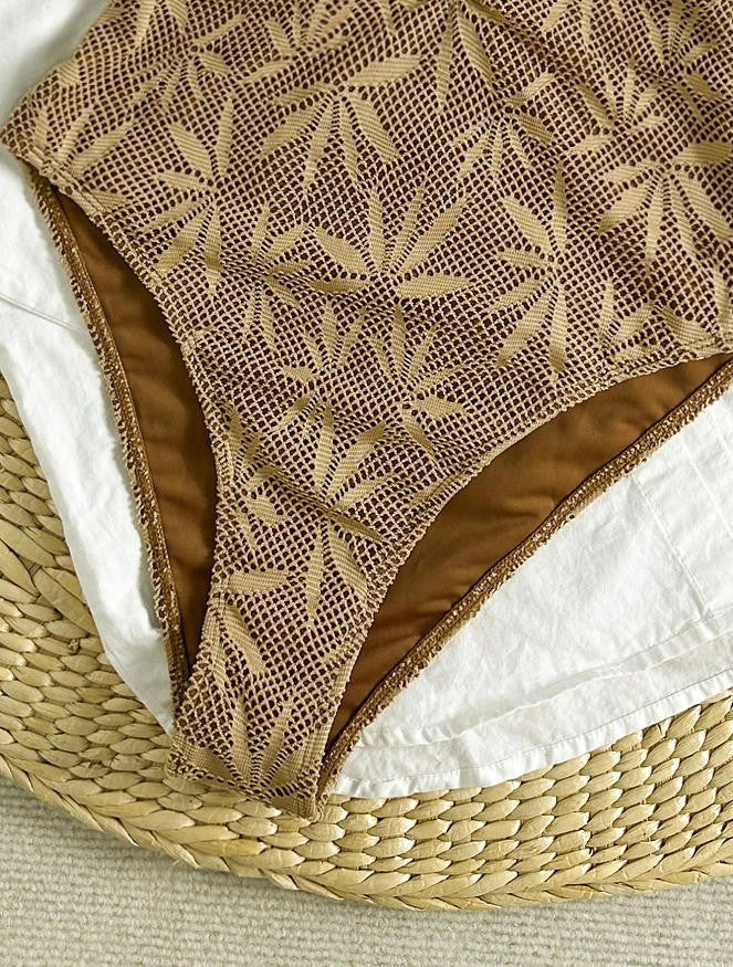 Leaves Printed Mesh Hollow Out Women Swimwear One Piece Swimsuit Female Monokini High Leg Cut Bather Slim Bathing Suit Swim Lady