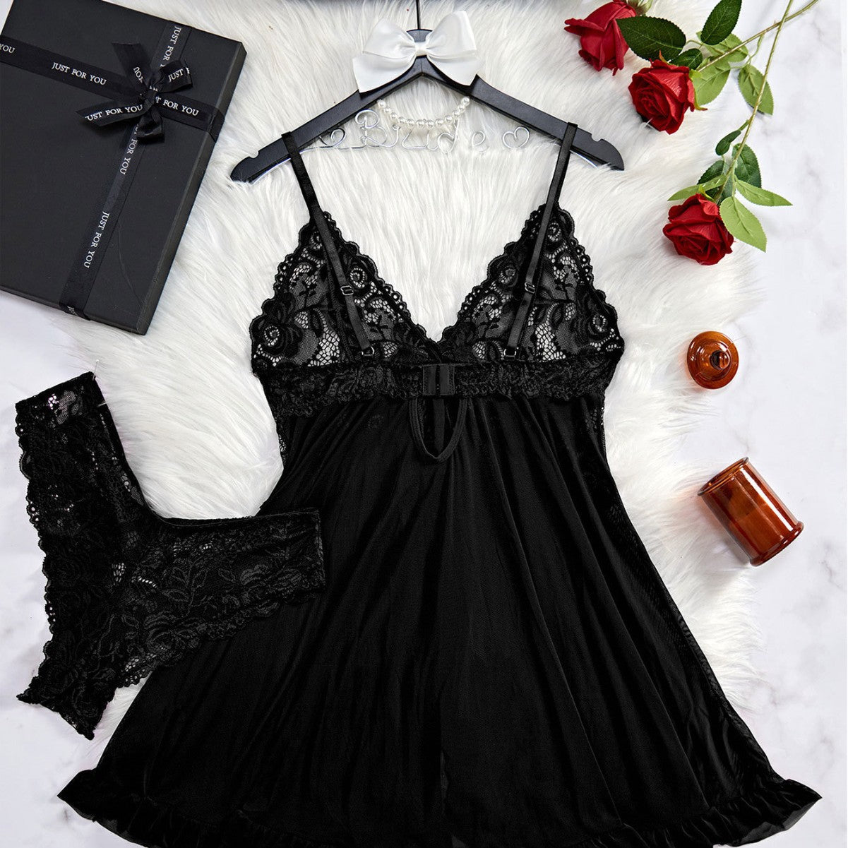 2 Pieces Women's Sleepshirts Lace Lingerie Set Semi-transparent V-Neck Thong Underwear for Women Exquisite Tulle Nightgown Set
