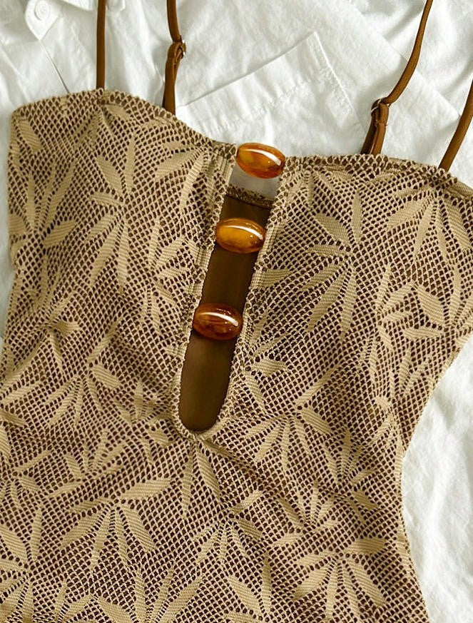 Leaves Printed Mesh Hollow Out Women Swimwear One Piece Swimsuit Female Monokini High Leg Cut Bather Slim Bathing Suit Swim Lady