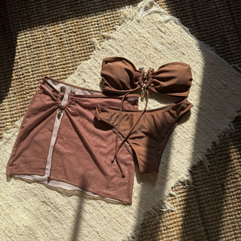 With Mesh Skirt Bandeau Bikini Women Swimwear Female Swimsuit Three-pieces Bikini Set Metal Ring Bathing Suit Swim Beachwear