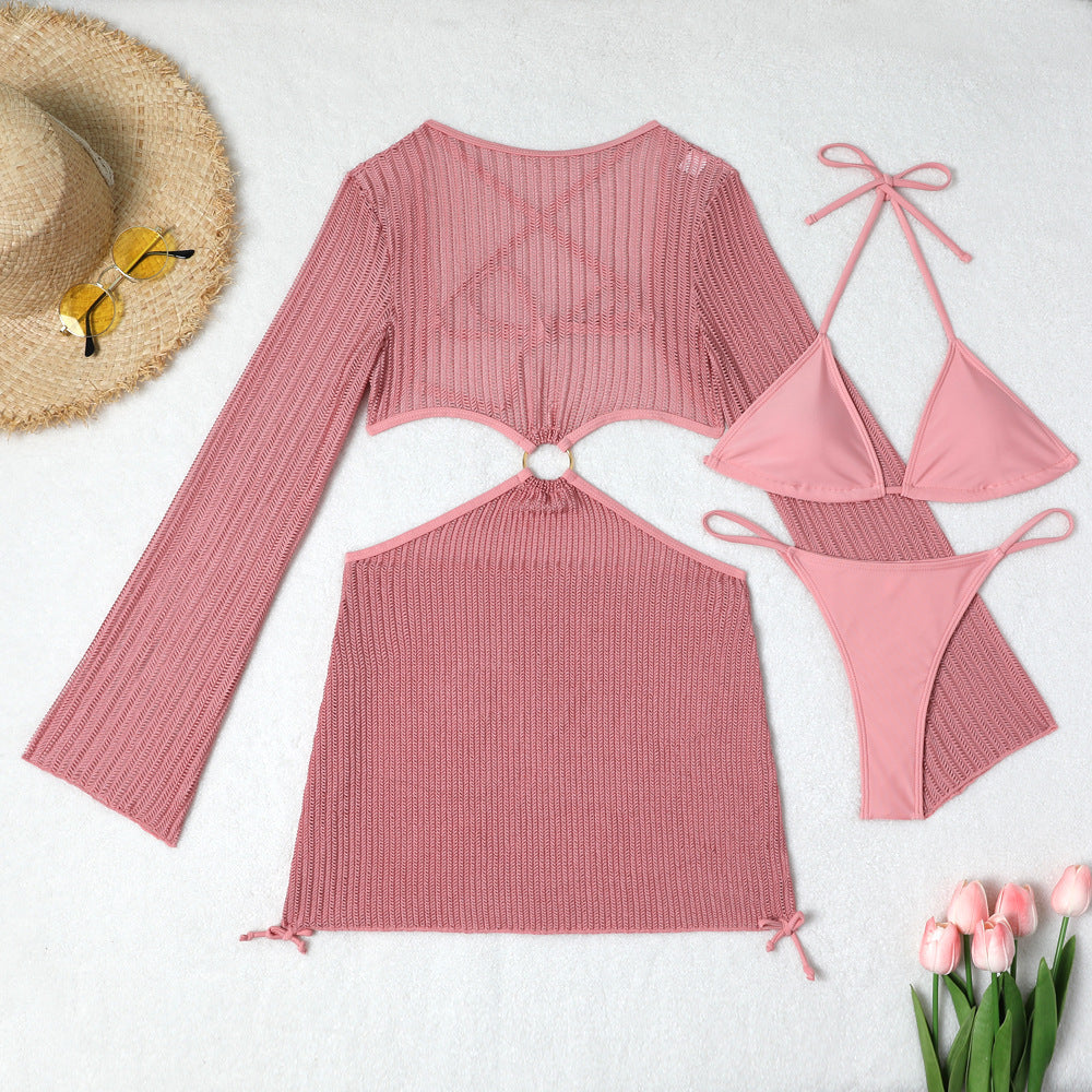 Mesh Sheer Long Sleeve Cover-Up Micro Bikini Female Swimsuit Women Swimwear Three-pieces Bikini Set Bathing Suit Swim Beach Wear