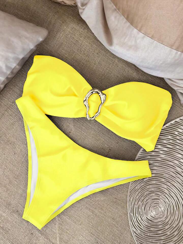 XS - L Metal Ring Bandeau Bikini Women Swimwear Female Swimsuit Two-pieces Bikini set Brazilian High Cut Bathing Suit Swim Lady