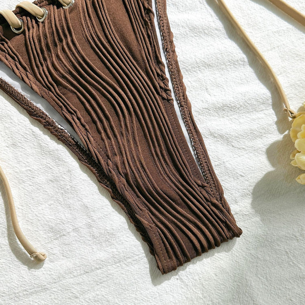 2025 Halter Wrinkled Weaved Bikini Women Swimwear Female Swimsuit Two Pieces Bikini Set Brazilian Bathing Suit Swim Beach Wear