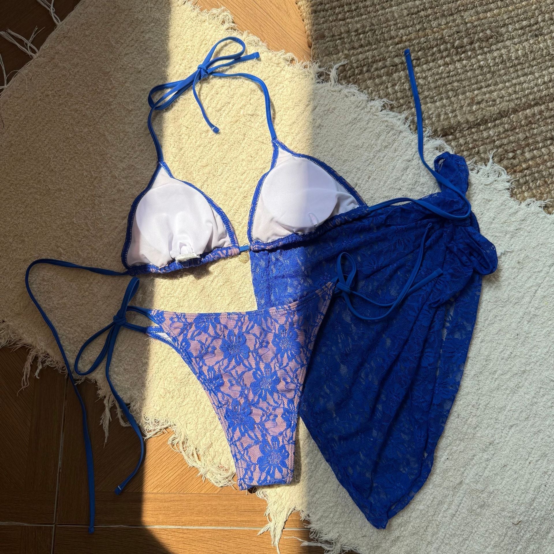 with Mesh Sarong Lace Halter High Cut Bikini Female Swimsuit Women Swimwear Three-pieces Bikini Set Bathing Suit Swim Beachwear