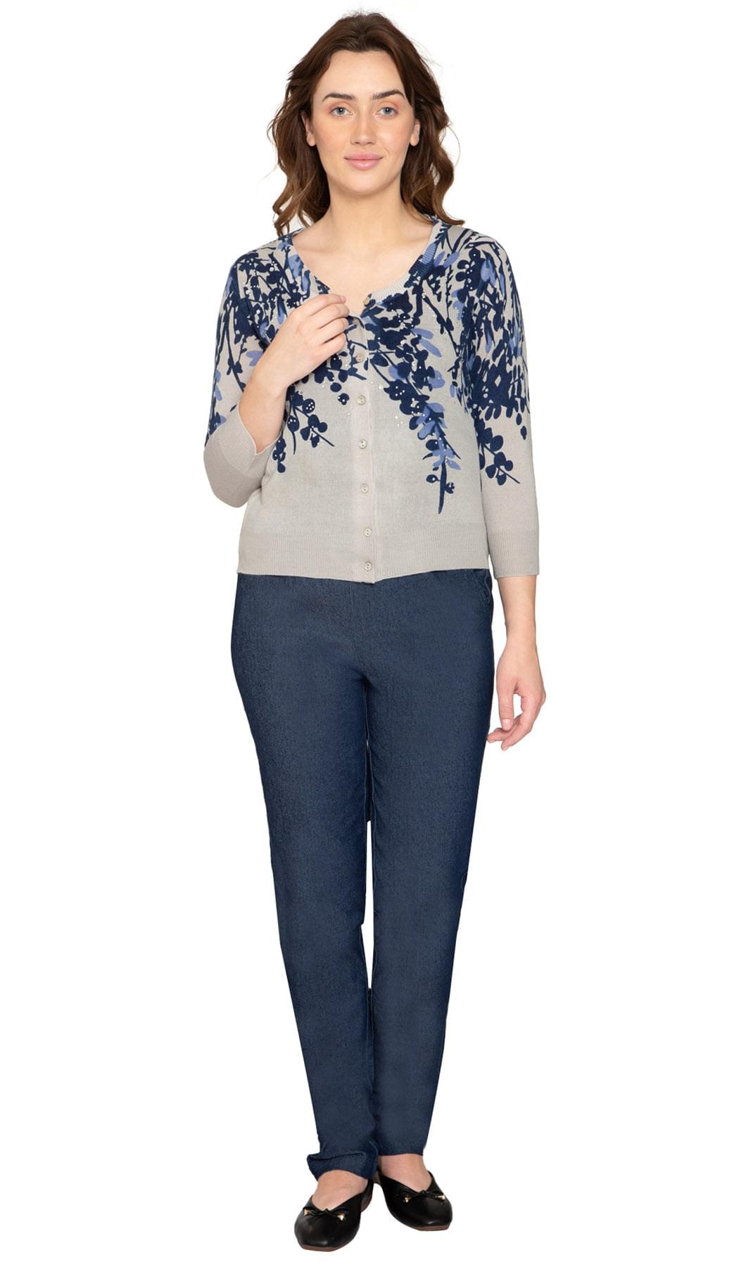Women's 3/4 Sleeve Knit Printed And Embellished Cardigan Sweater