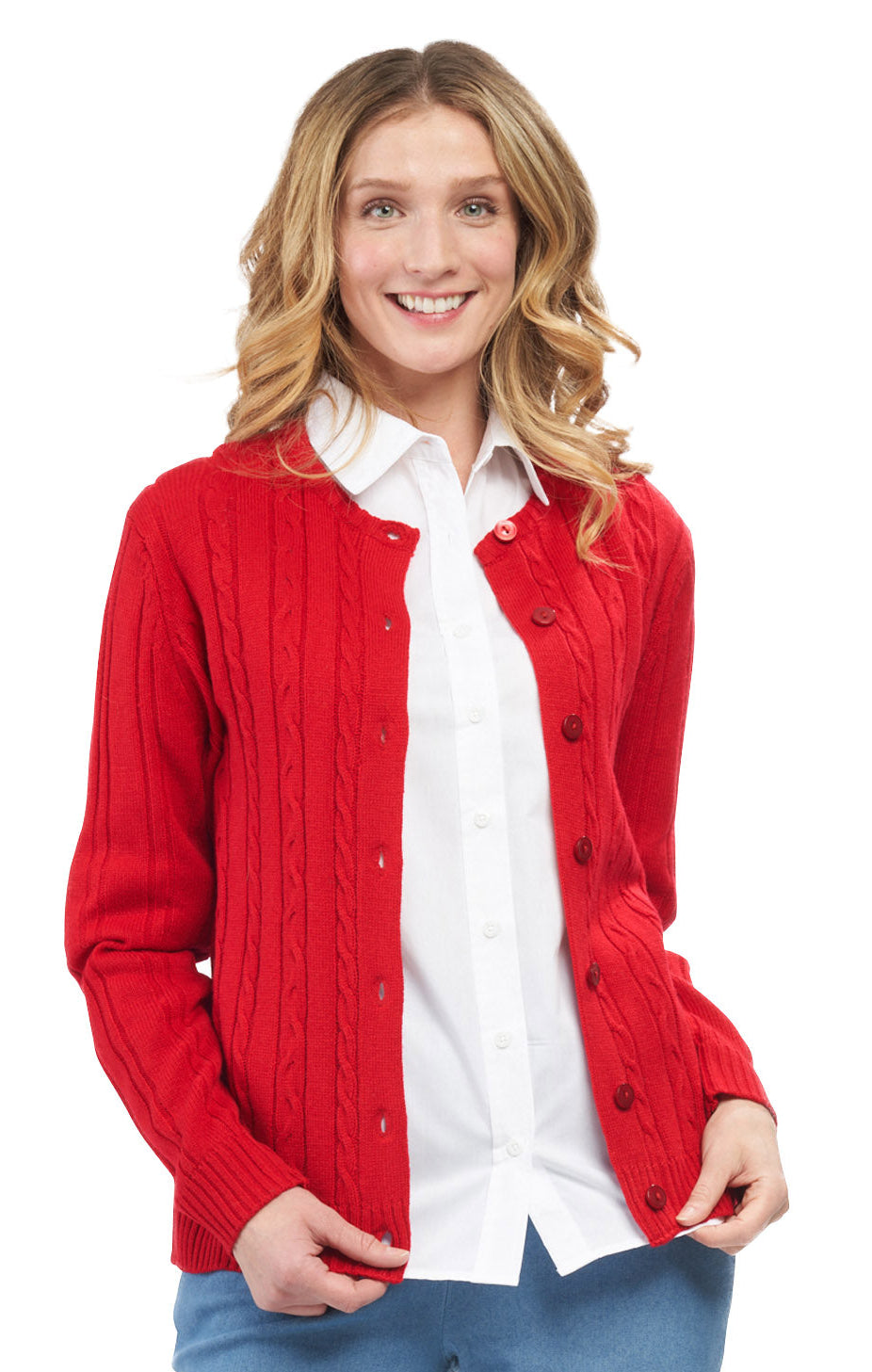 Women's Classic Button Front Cable Knit Cardigan in Soft Acryllic