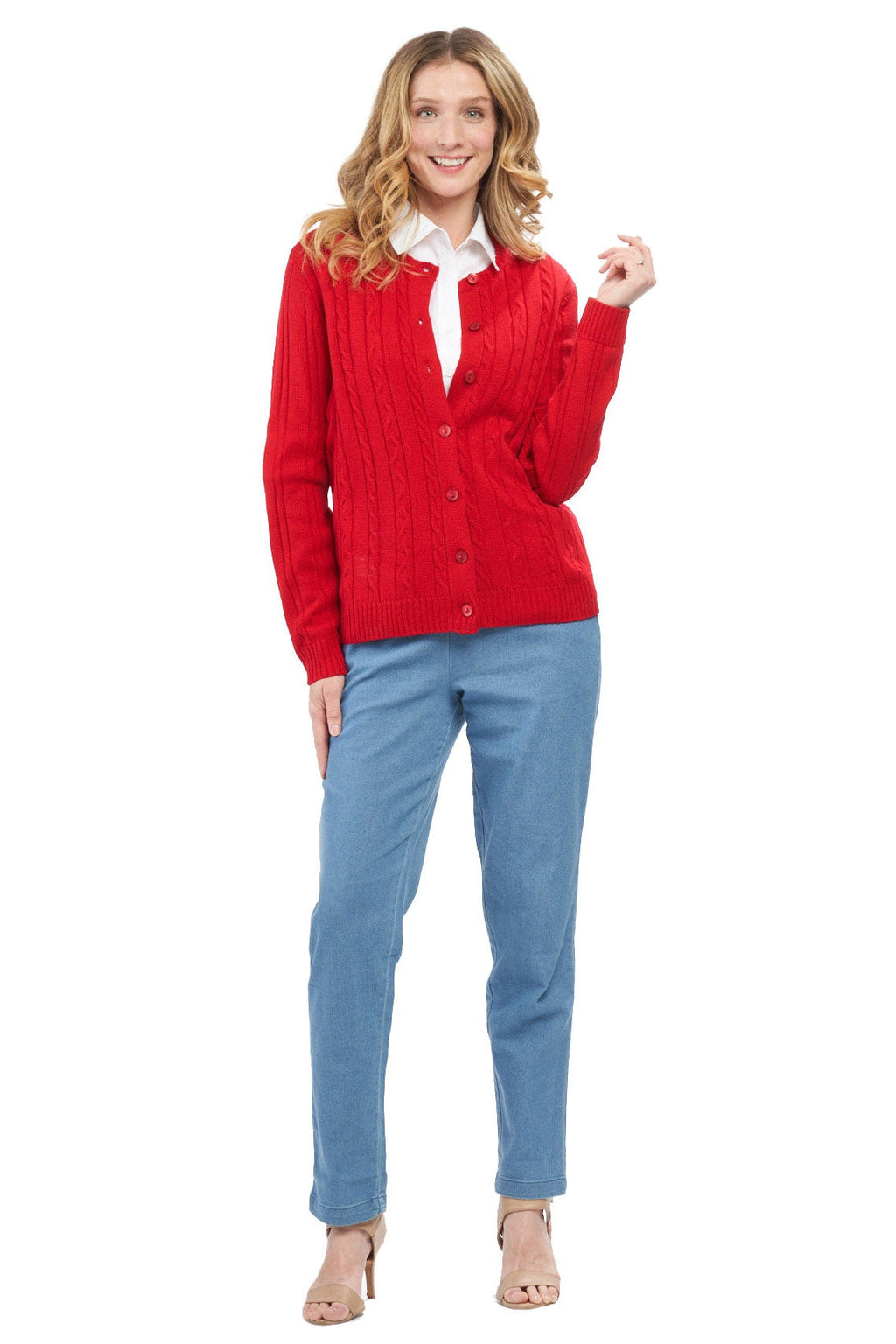 Women's Classic Button Front Cable Knit Cardigan in Soft Acryllic