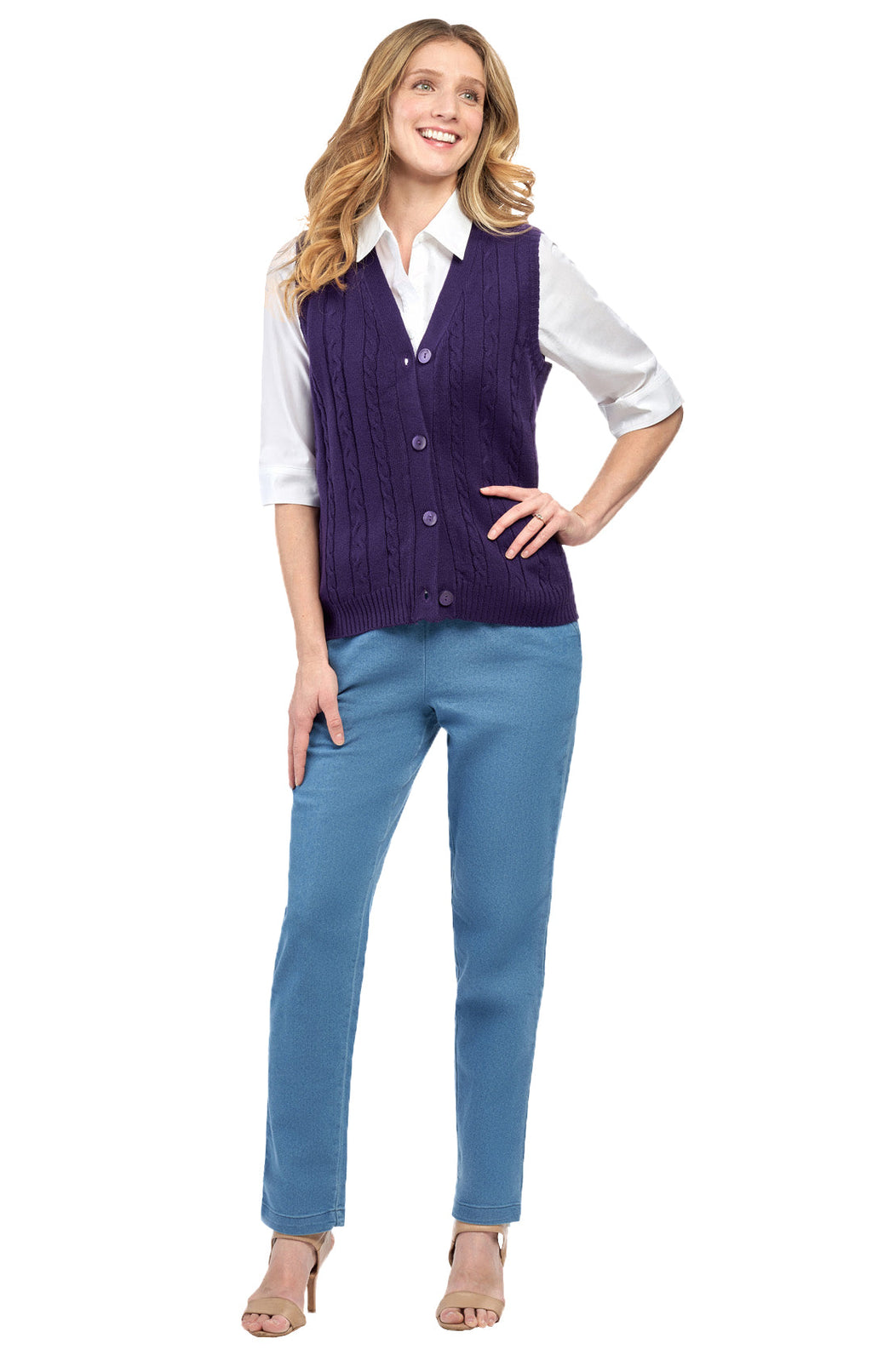 Womens Button Front Cable Knit Cardigan Sweater Vest