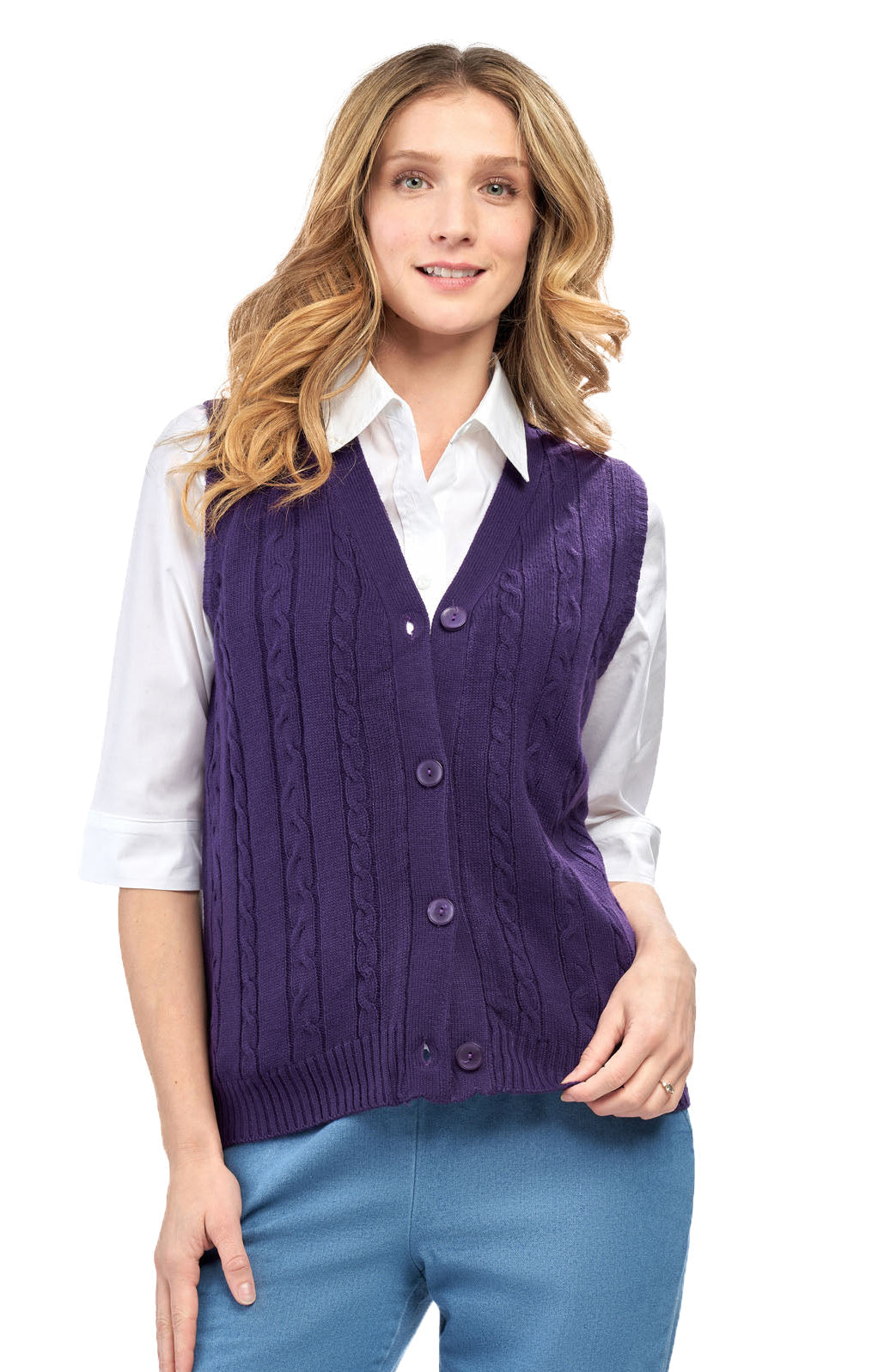 Womens Button Front Cable Knit Cardigan Sweater Vest