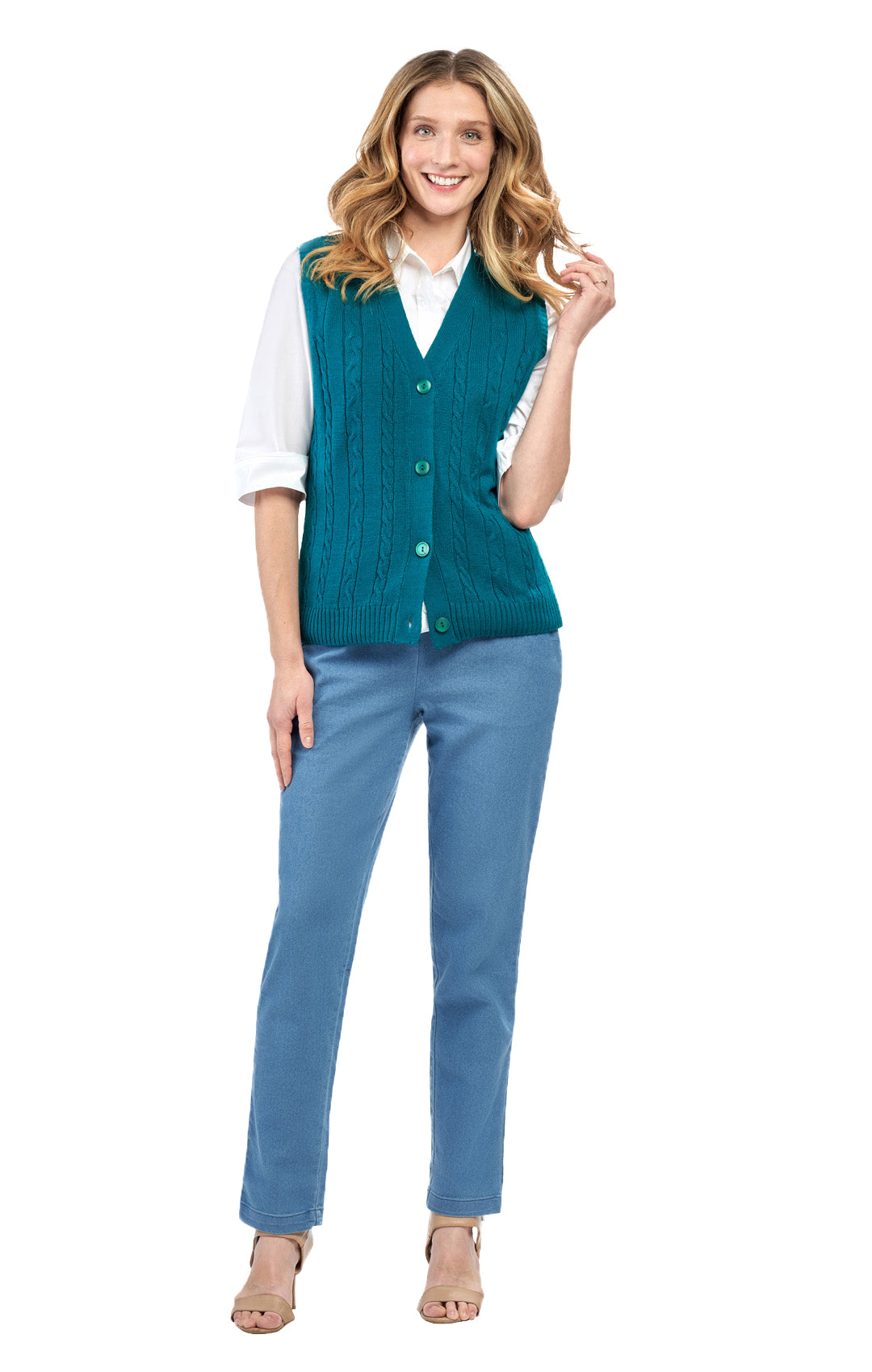 Womens Button Front Cable Knit Cardigan Sweater Vest