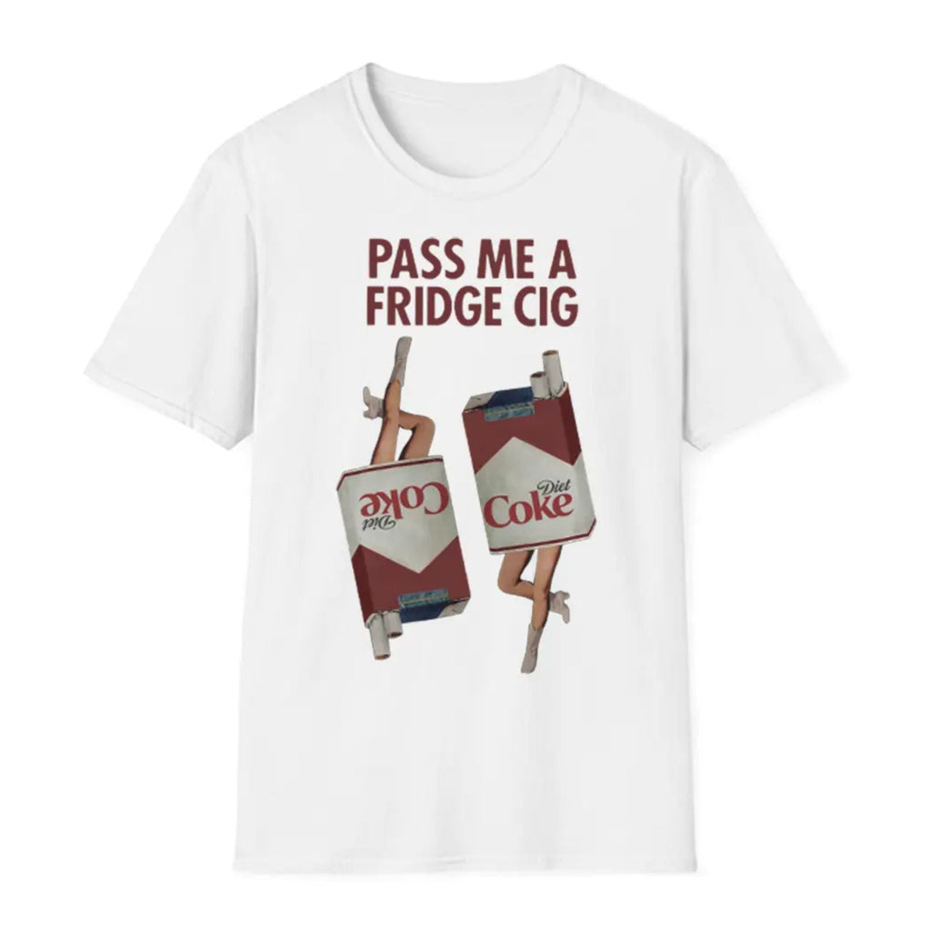 "Pass Me a Fridge Cig" Funny Graphic T-Shirt - Playful Retro Parody Tee, Unique Humor Apparel
