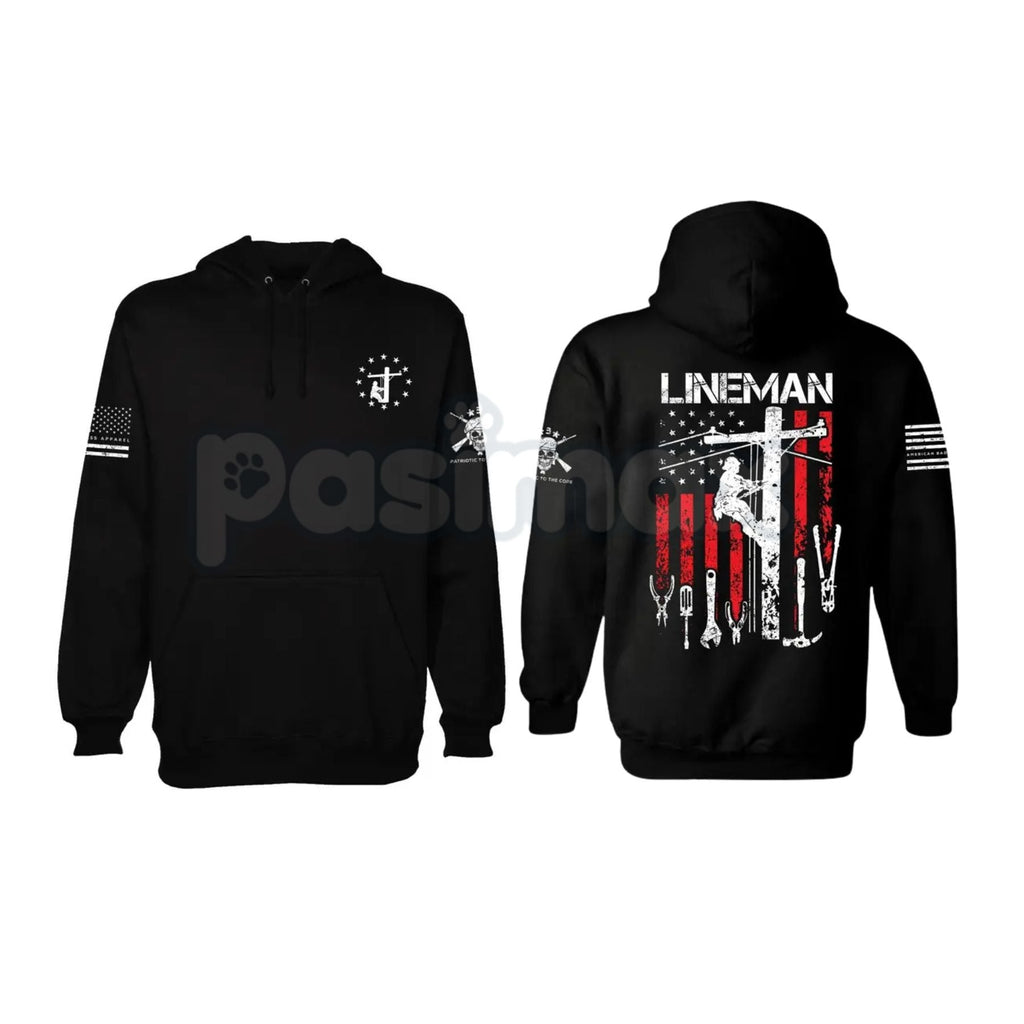 Patriotic American Flag Lineman Hoodie – USA Flag Work Pullover, Electric Lineworker Trade Apparel, Unisex