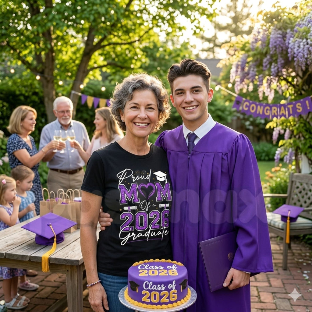 Proud Mom of a 2026 Graduate T-Shirt – Senior 2026 Purple & Gold School Spirit Tee