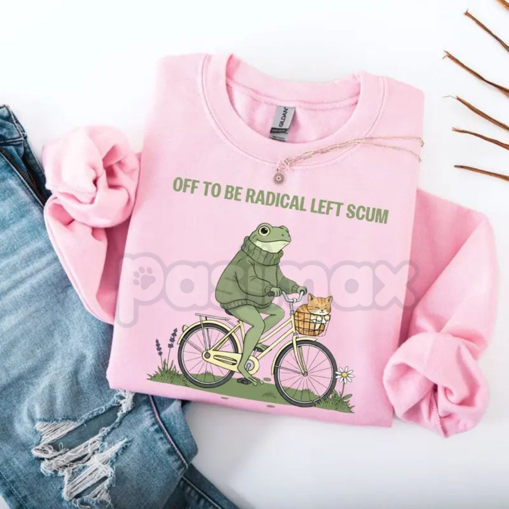 Radical Left Scum Sweatshirt | Retro Groovy Political Crewneck | Vintage 70s Resistance Jumper | Frog and Cat Bicycle Graphic Pullover | Aesthetic Leftist Streetwear | Sarcastic Activist Gift Top