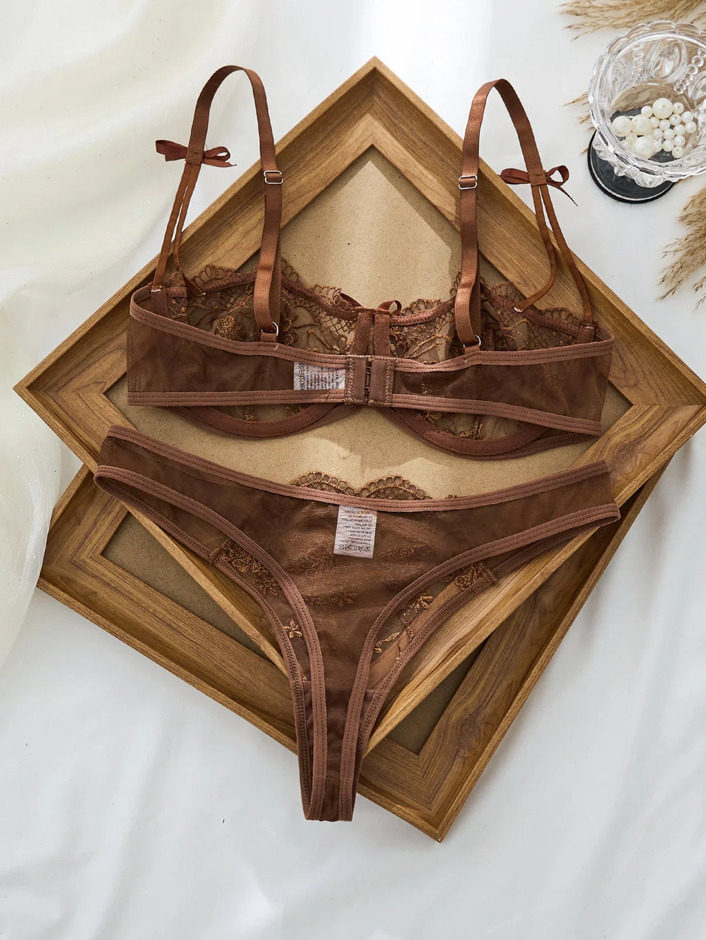 Lady Floral Embroidery Lingerie Set Women Sheer Bra and Brief Underwear Set Satin Sexy Intimates Underwear