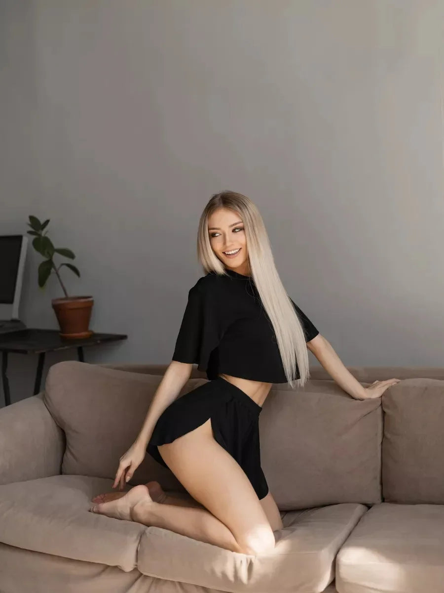 Summer 2 Pieces Pajama Sets for Women Sexy Sleepwear Black Crop Tops with Shorts Sets Underwear Loungewear Home Clothes